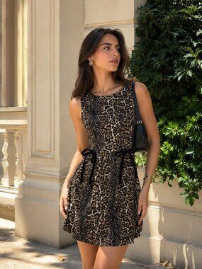 Arose Studio Celina Front Pleated With Bow Denim Mini Dress Leopard One Size